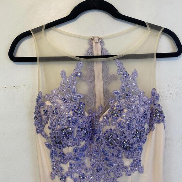 BOUBOU cream and blue hand beaded maxi tulle formal gown - Picture 4 of 7